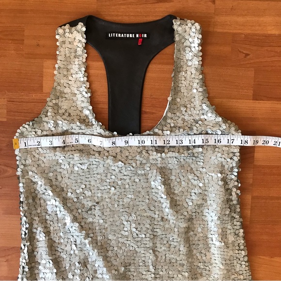 LITERATURE NOIR | Sexy Silver Sequin Mini Dress Black Leather Racer Back Size M - Picture 9 of 13